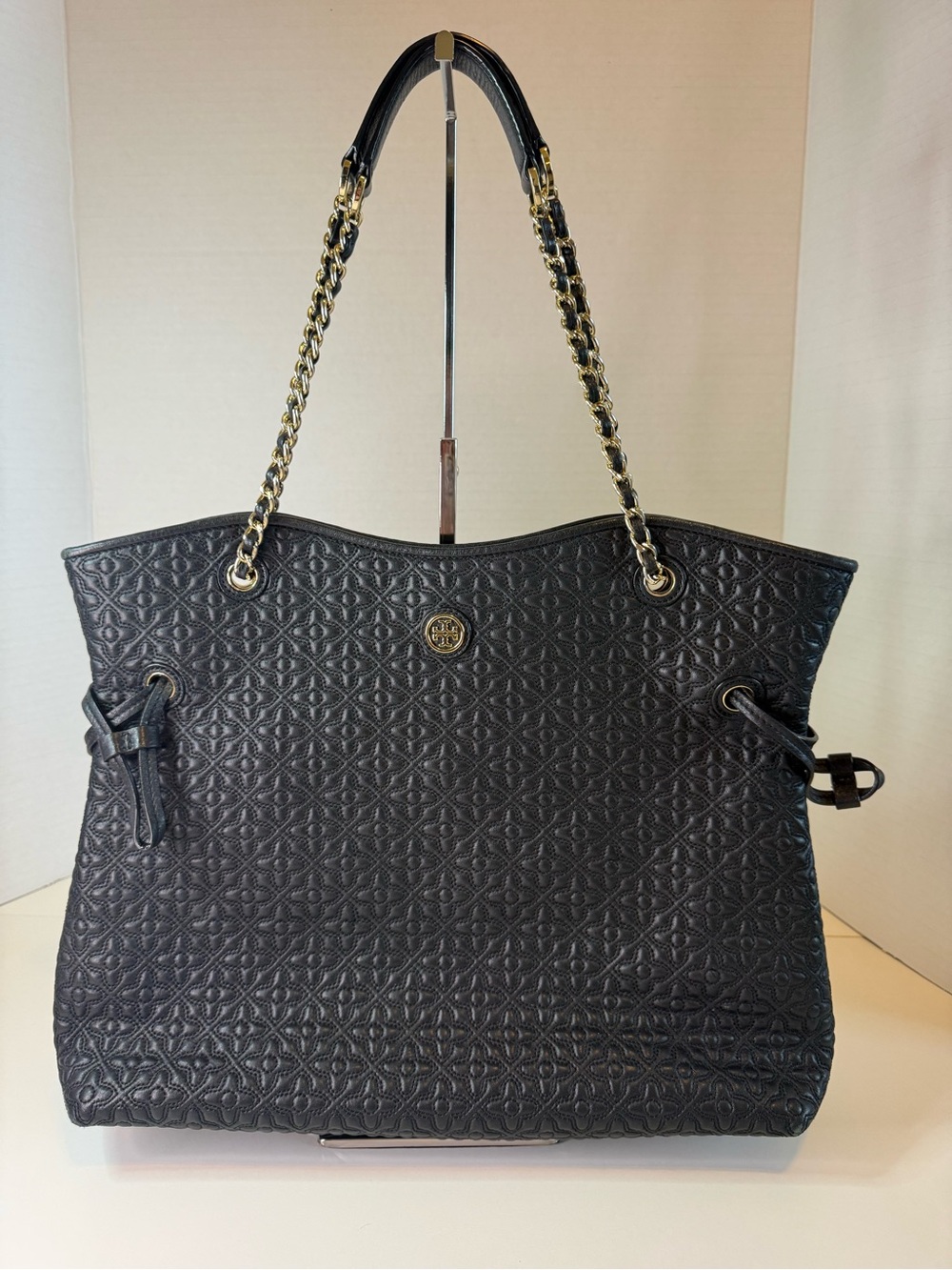 Tory Burch Bryant Black Quilted Leather Tote with Gold Chain Handles